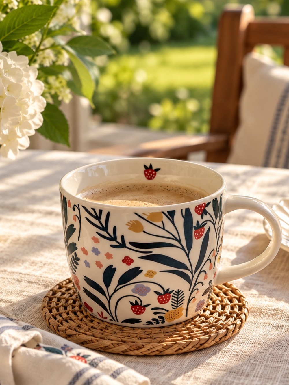 New Mainstays Stoneware 14 oz Strawberry Mug Botanical Floral Coffee Cup
